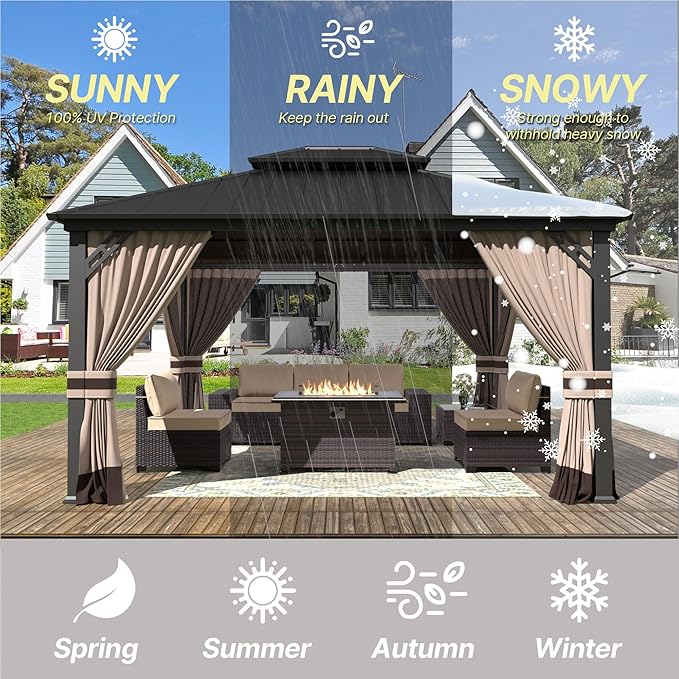 Gotland 12' x 14' Khaki Hardtop Gazebo with Curtains and Netting, Double Roof Iron Metal Pergola for Patio, Garden, Lawn