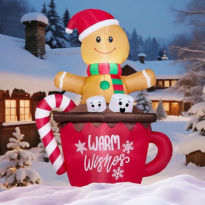 Joiedomi 6 FT Tall Christmas Inflatable Gingerbread Man in Hot Cocoa Mug with Build-in LEDs, Gingerbread Blow Up Yard Decoration for Xmas Party Outdoor Garden Decor