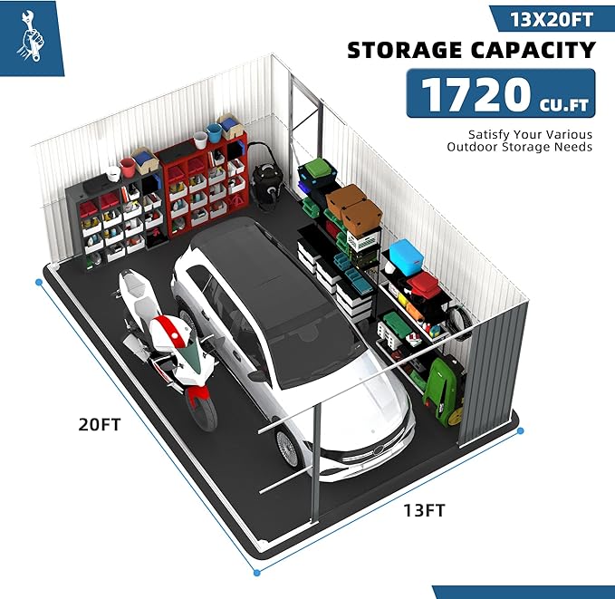 CHERY INDUSTRIAL.COM 13x20ft Outdoor Storage Shed Metal Waterproof Garden Tool Shed with Lockable Door Ventilation for Grass Cutter for Backyard Patio Storage Lawn Mower Bike