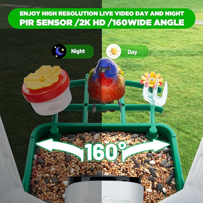Smart Bird Feeder with Camera, 2K 3MP HD WiFi, AI Bird Species Recognition, Dual-Band 2.4G/5G WiFi, 2L Large Seed Container, IP65 Weatherproof, Solar Powered, Two-Way Audio