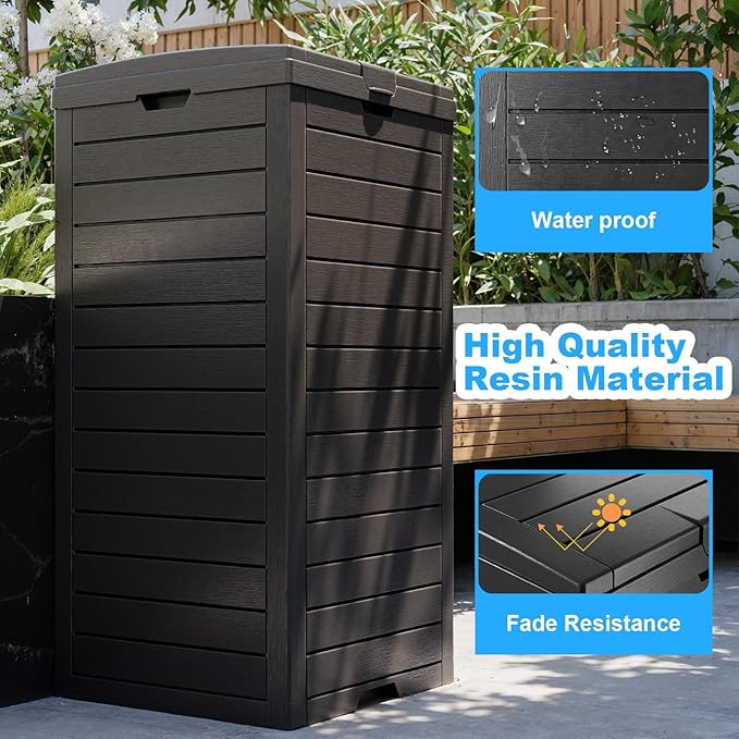 Outdoor Trash Can with Lid, Outdoor Trash Bin & Pull-Out Liquid Drawer, Dual Lid Closure Design, Waterproof Resin Garbage Can Container for Patio, Backyard, Deck (Black, 31 Gallon)