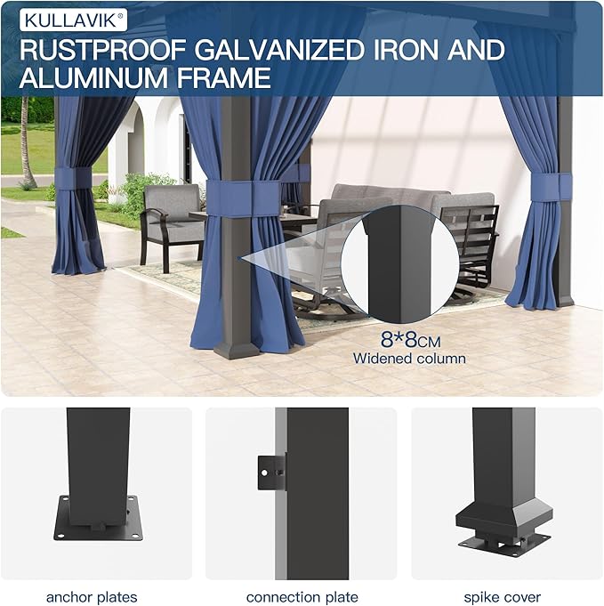 Kullavik 10' × 24' Hardtop Gazebo for Patio,Wall-Mounted Lean to Gazebo Pergola with Sloping Roof and Durable Aluminum Frame,Large Heavy Duty Awnings for Decks,Backyard,NavyBlue