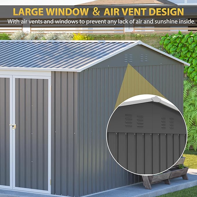 12x10 FT Shed Outdoor Storage Metal Large Garden Tool Sheds with Window Lockable Doors Sloping Roof Floor Frame Waterproof Steel Utility Equipment Shed for Backyard Patio Lawn Poolside, Grey