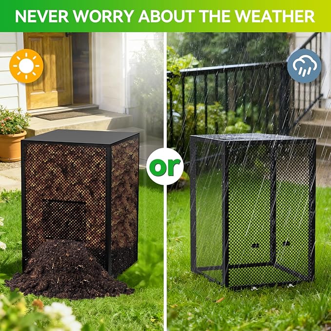 Compost Bin Outdoor - Large 93 Gallon Metal Perforated Sheet Compost Bucket with Rust-Proof Coating, Heavy-Duty & Easy Assembly, Fast Creation of Fertile Soil, for Garden, Kitchen & Yard Waste, Black