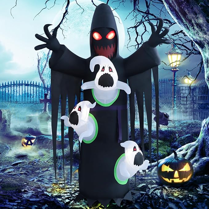 8ft Harvester with Runaway Ghost on Chest Halloween Inflatable Outdoor Decoration, Yard Decorations with LED Lights for Outdoor Lawn, Garden, Home Holiday Party