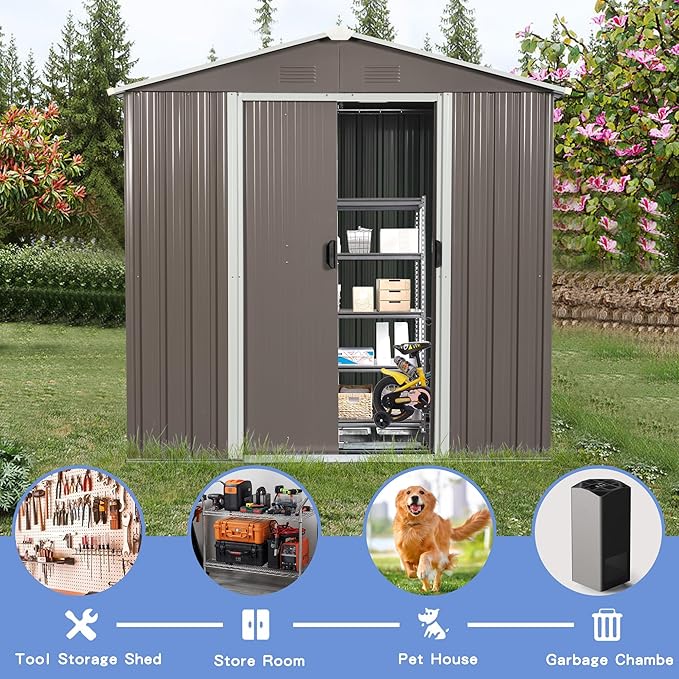 8 x 4 FT Outdoor Storage Shed, Metal Garden Shed with Floor Frame, Tool Shed Outdoor Storage with Lockable Sliding Doors & Air Vents, Storage House Waterproof for Backyard, Lawn, Gray