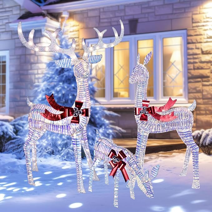 Christmas Decorations Outdoors Reindeer Family - Light up Christmas Decor Iridescent Deer 3 Piece with LED Lights, Extension Cord, Ground Stakes, for Outdoor Front Yard Porch - Iridescent
