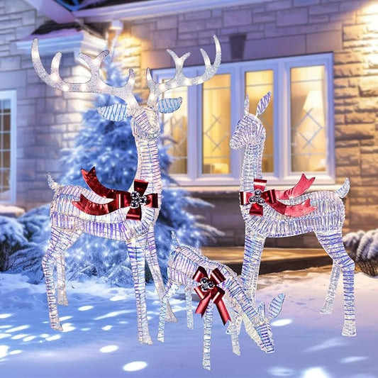 Christmas Decorations Outdoors Reindeer Family - Light up Christmas Decor Iridescent Deer 3 Piece with LED Lights, Extension Cord, Ground Stakes, for Outdoor Front Yard Porch - Iridescent