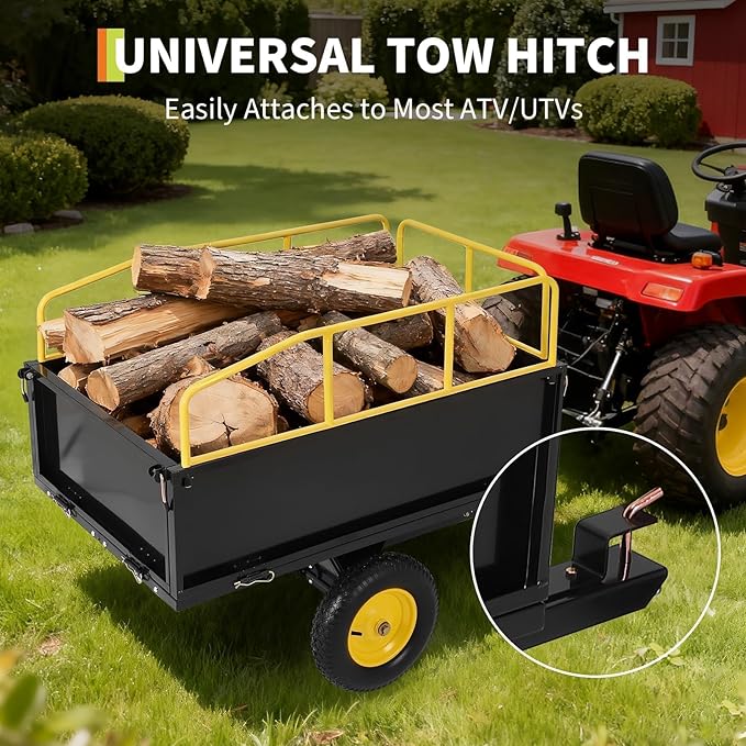 GarveeLife Lawn Mower Trailer ATV Dump Cart Tow Behind, 750 Lb Utility Garden Cart, 17 Cu.Ft, Heavy Duty Steel Garden Utility Trailer with Removable Sides for Atvs, Utvs Lawn Garden Tractors