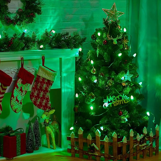 C9 Christmas String Light Green, 25ft Vintage Christmas Tree Lights, Outdoor Roofline String Lights with 25+2 Green Bulbs for Patio Garden Holiday Indoor Home Xmas Decoration, Green Wire