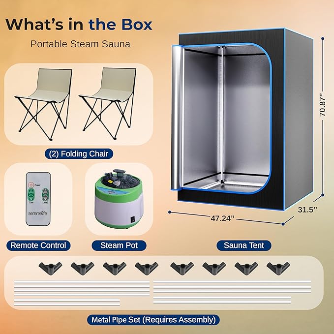 SereneLife Portable Sauna for Home, 2 Person Steam Sauna Tent with 4L Steamer, 2 Folding Sauna Chairs, Remote Control In-Home Spa, 71"x47" - inches (Black)