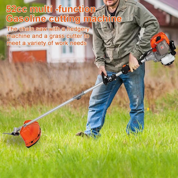 5 in 1 Weed Wacker Gas Powered, 52CC 2-Stroke Gas Weed Trimmer, Gas String Trimmer Cordless Hedge Trimmer, Brush Cutter, Lawn Mower, Handheld Chainsaw Hedge Pruner, Pole Saw Orange