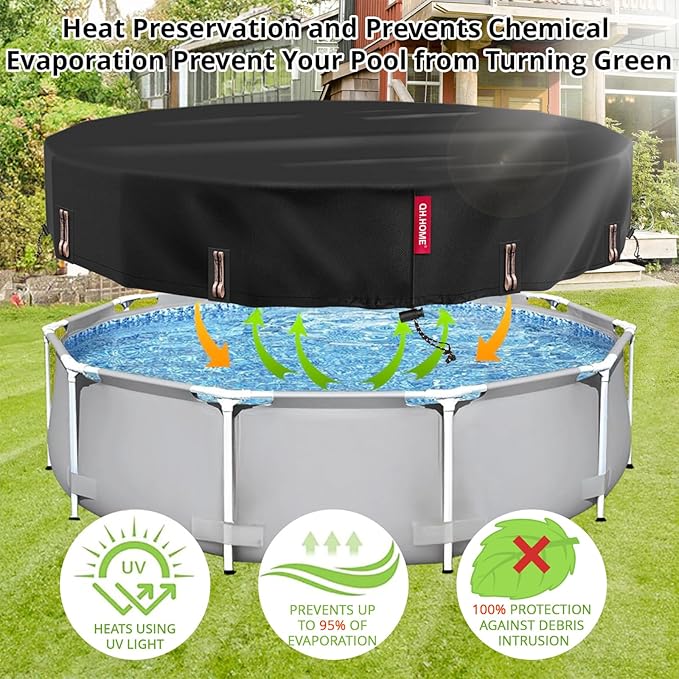 QH.HOME 8 Ft Round Pool Cover, Stock Tank Pool Cover Protector with Solar Pool Cover, One-Piece Tear Resistant Pool Cover for Above Ground Pools, Windproof and Dustproof Swimming Pool Cover