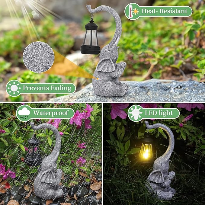 Elephant Statue Solar Garden Decor，Outside Decor Sculptures Statues Lawn Ornaments Art for Home/Patio/Balcony/Front – Unique Gifts for Grandma/Mom/Mother