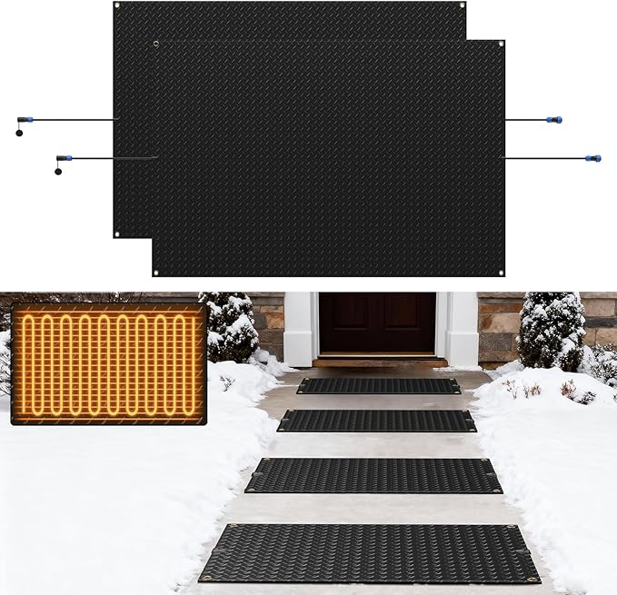 Snow Melting Mats Outdoor for Entrances, 40 x 60 in 2Pack No-Slip Rubber Heated Outdoor Mats with 10 ft Power Cord, 3 in/h Speed Snow and Ice Melting Pads for Winter Roofs, Backyards Snow Removal