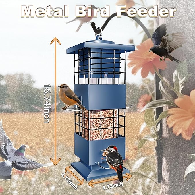Squirrel Proof Bird Feeder, 3.5Lbs Large Capacity Metal Squirrel-Proof Bird Feeders for Outdoors Hanging, 4 Feeding Ports Wild Bird Feeders with Gravity Protection for Finch, Cardinal, Blue Jay
