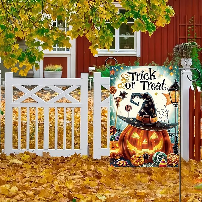 Halloween Garden Flag 12x18 Double-Sided Witch Hat Trick or Treat Pumpkin Garden Flag Yard Décor Holiday Seasonal Outdoor Banner Lawn Fall Decoration Yard Flag
