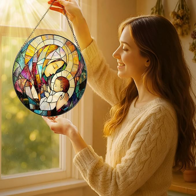 Baby Jesus and The Holy Mother Mary Sun Catcher, 8 Inch Stained Glass Window Hanging, Stained Glass Decor, Christian Home Decor, Christian Gifts for Women, Religious Gifts for Women
