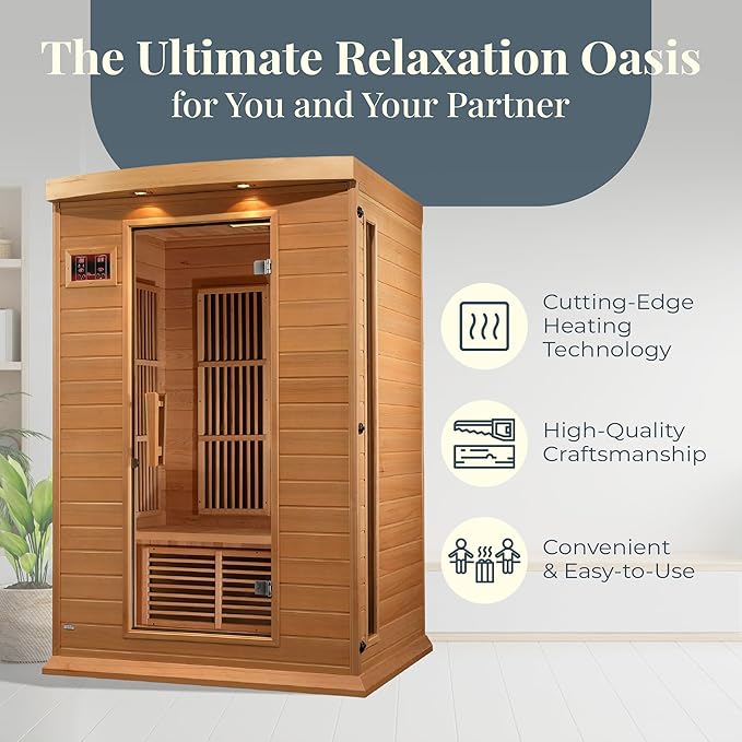 DYNAMIC SAUNAS 2-Person Low EMF FAR Infrared Sauna with Chromotherapy Lighting and Speakers, Maxxus Toulouse - Personal Indoor Dry Heat Sauna for Home & Gym – Made from Canadian Hemlock, 75"