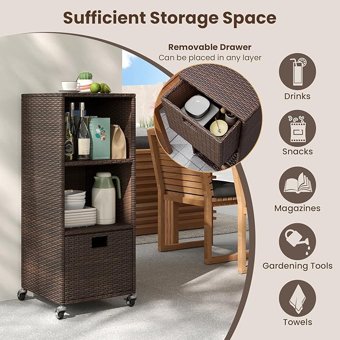 Tangkula Rattan Outdoor Storage Cabinet, Patiojoy Outdoor Wicker Cabinet with 3 Shelves, 1 Removable Drawer, 4 Wheels, Patio Storage Deck Box Cart for Backyard Poolside Porch (Mix Brown)