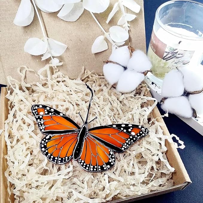 2024 New Handmade Stained Glass Butterfly Suncatcher, Sun Catcher Hanging for Car, Butterfly Decorations and Gifts for Women (C-Orange)