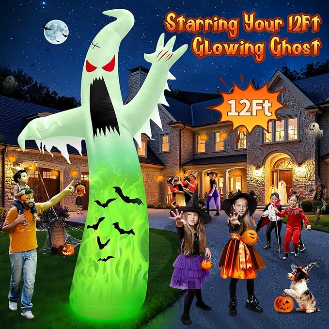 1PCS 12FT Giant Halloween Inflatables Decoration Ghost with 3-Colored Flame Rotation LED Light Spooky Halloween Decorations Outdoor Blow Up Yard Decoration for Home Lawn Holiday Party