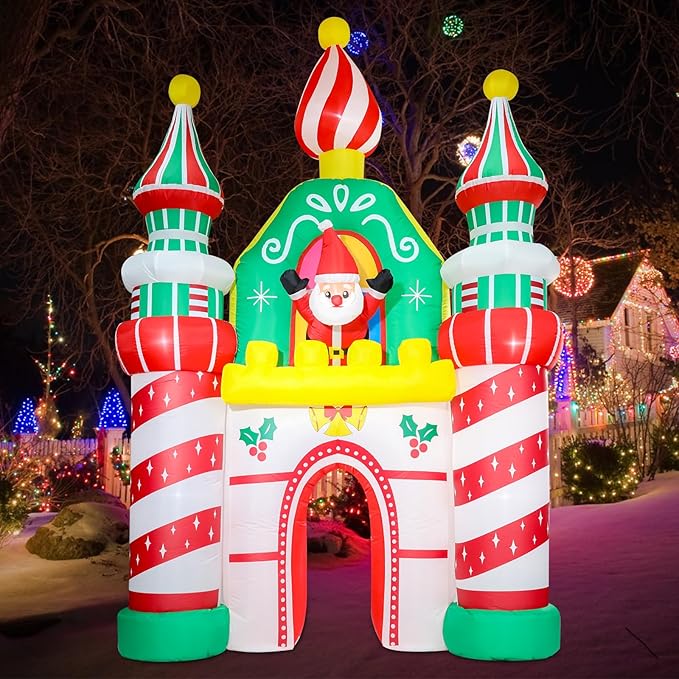 MUMTOP 10FT Christmas Inflatables Outdoor Decoration, Castle Christmas Inflatable with Santa Claus and Built-in Led Lights Blow Up Inflatable for Outdoor Party Lawn Garden Decoration