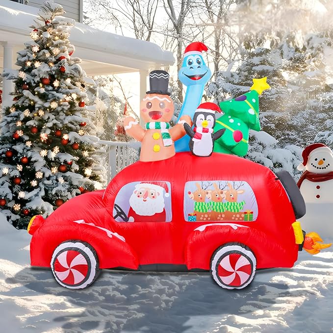 MUMTOP Christmas Car Inflatable-Christmas Inflatable Outdoor Decoration - 7.7 FT Lighted Inflatables Santa Carry Reindeer, Gingerbread, Penguin, Tree and Dinosaur, Blow Up Decor
