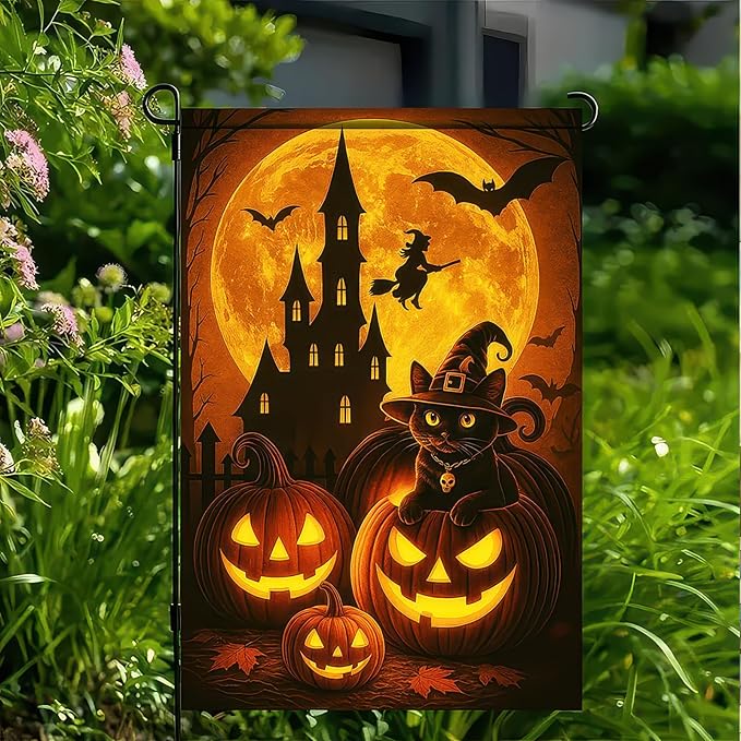 Happy Halloween Garden Flag 12x18 Inch Double Sided Black Cat Flags Pumpkin Witch Haunted Castle Banner Moon Bat Spooky Small Yard Flag for Halloween Outdoor Decoration