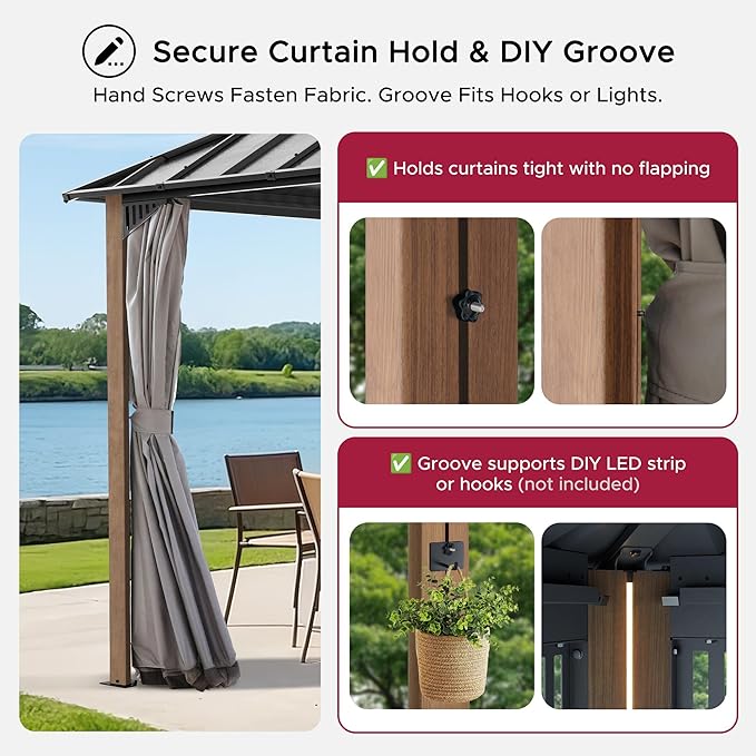 SUNJOY Kingston 12' x 10' Hardtop Gazebo with Galvanized Steel Double Roof, Curtain and Netting, Woodgrain Finish Aluminum Posts Permanent Pavilion Gazebo for Garden, Patio, Deck, Lawn
