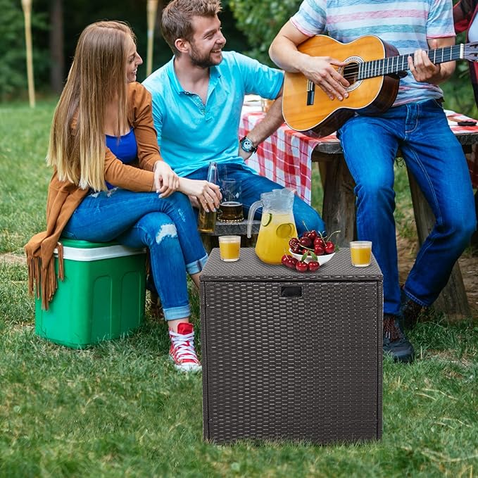HAPPYGRILL Outdoor Storage Deck Box, 72 Gallon Square Wicker Patio Rattan Storage Container with Zippered Liner & Safe Pneumatic Rod, Outdoor Wicker Deck Box for Garden Tools Cushions