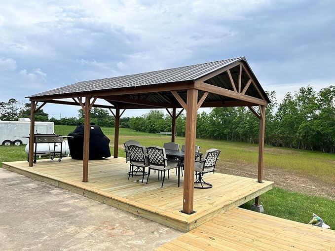 Domi 12’ x 20’ Hardtop Gazebo, Wooden Coated Aluminum Frame Canopy with Galvanized Steel Gable Roof, Outdoor Permanent Metal Pavilion for Patio, Deck and Lawn