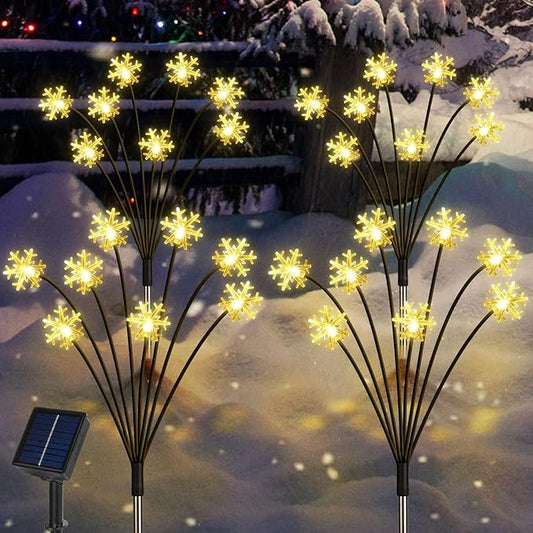 Set of 4 Snowflake Solar Christmas Decorations, 8 Modes Swaying Garden Lights, Outdoor Pathway Solar Christmas Stake Lights, Upgraded Base on Firefly Light for Lawn Decor (Warm White)