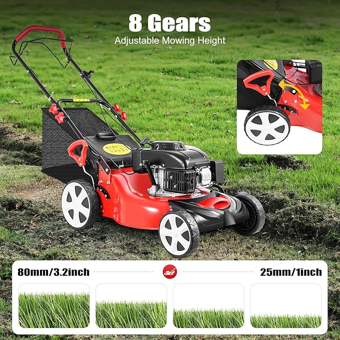 Self-Propelled Gas Lawn Mower, 140CC 4-Stroke 5HP Lawn Mower 3-in-1 Push Mower with 60L/15.9Gal Grass Catch Bag, Steel Grass Catcher for Yard & Garden, 8 Gears Mowing Height Adjustment, 2800Rpm