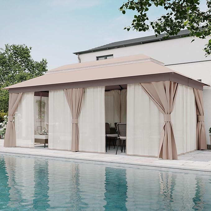 LAUSAINT HOME Outdoor Patio Gazebo 10'x20' with Expansion Bolts, Heavy Duty Party Tent & Shelter with Double Roofs, Mosquito Nettings and Privacy Screens for Backyard, Garden, Lawn, Champagne Khaki