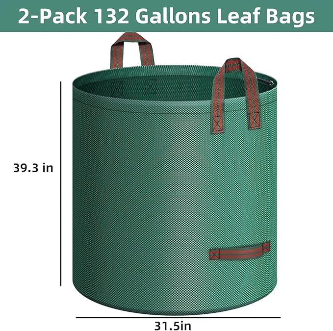2-Pack 132 Gallons Leaf Bags, Reusable Yard Waste Bags, Heavy Duty Lawn Bags with 4 Handles for Garden Leaves and Waste Collection, Lightweight Portable Yard Trash Bag