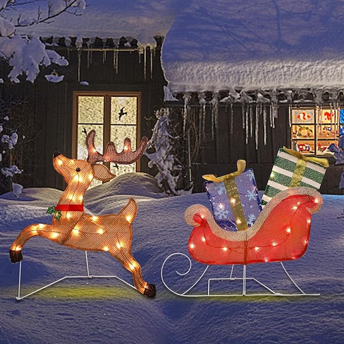 Prsildan Christmas Lighted Decoration 25" x 44" Reindeer, 50 Lights Christmas Reindeer with Sleigh & Gift Boxes, Light up Decorations for Indoor Outdoor Home Kitchen Yard Garden Holiday Party