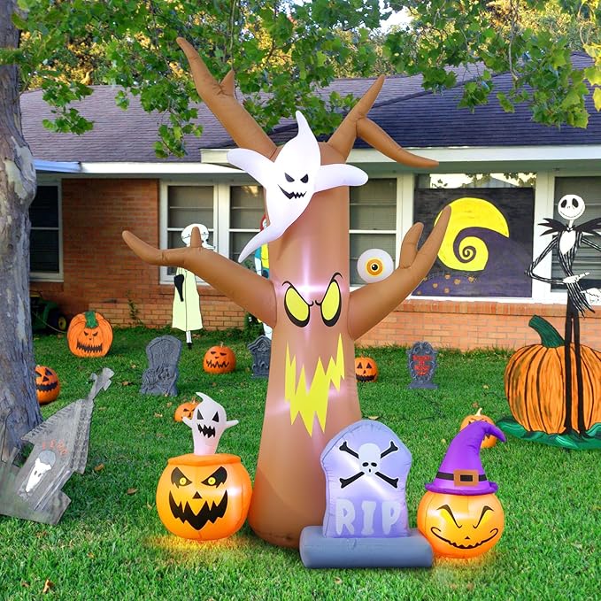 8FT Halloween inflatables Tree, Blow Up Yard Scary Dead Tree with Pumpkin Ghost Tombstone Inflatable for Garden Lawn Indoor Party Decor, Halloween Decorations Outdoor