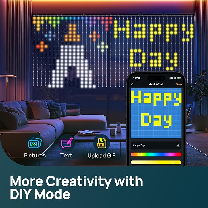 Linkind Smart Curtain Lights, 400 LEDs Smart AI Curtain String Lights with APP DIY GIF Text, Color Changing Halloween Christmas Decorations for Outdoor Indoor Bedroom Window Decor, 5.9×5.5ft