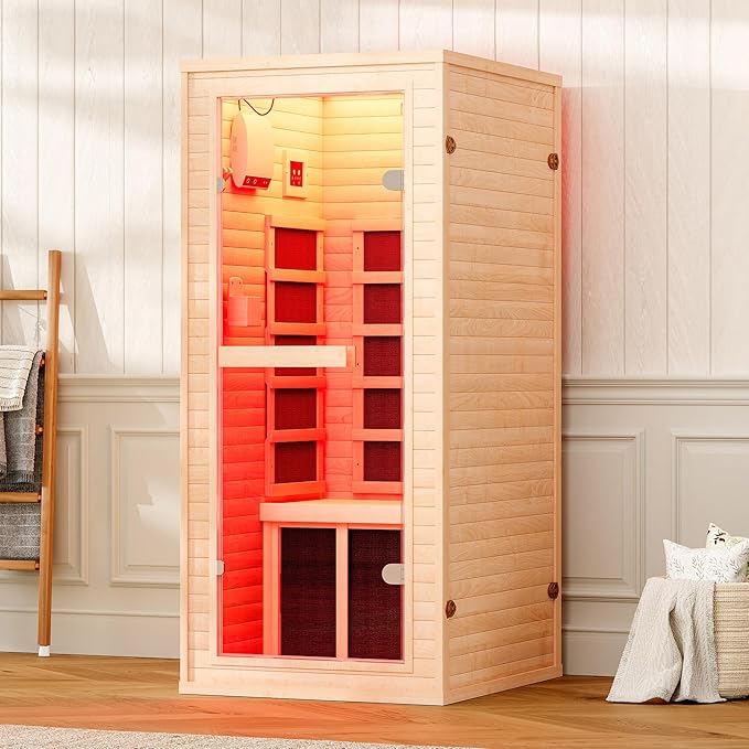 Albott Infrared Sauna 1 Person, Infrared Saunas for Home, 930W/110V Hemlock Wood Dry Sauna with Tourmaline Stone Foot Warmer, 7-Color Light Therapy & 2 Bluetooth Speakers, 27.2"x32.3"x61"