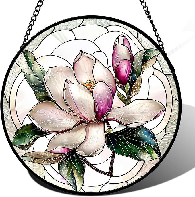 Stained Glass Window Hanging - Pink Magnolia Flower Petal Suncatcher for Doors Window Home Sun Catchers Decor Christmas Mother's Day Birthday Gifts for Teacher Women Men Mom Nana 9.8 in