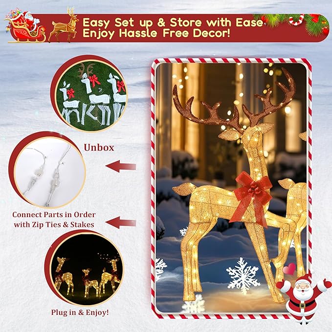 3D Reindeer Family Christmas Decor Set 4.5Ft Lighted Christmas Reindeer/Deer Family Set Outdoor Christmas Yard Decorations with Stakes & Zip Ties for Holiday Lawn Patio Party