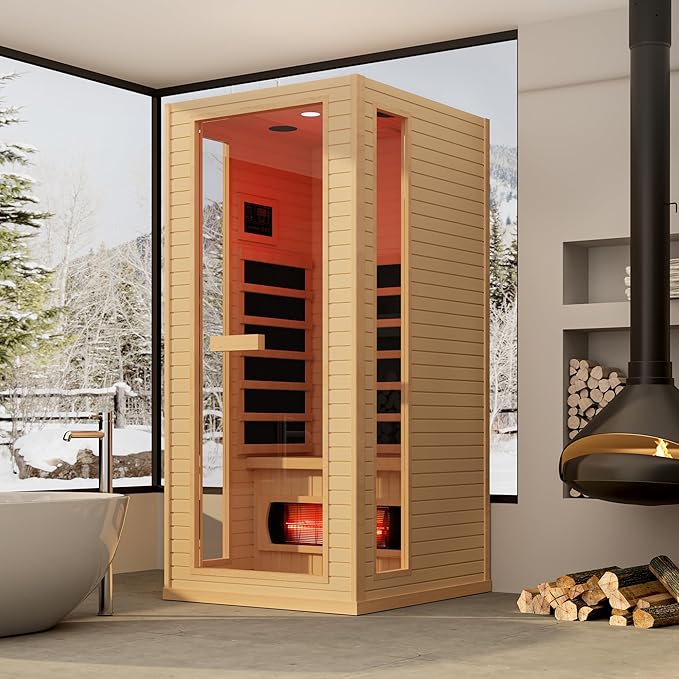 Infrared Sauna for Home, 1 Person Full Spectrum Infrared Sauna, Indoor Dry Roomy Sauna with Rapid Heating 4 Carbon Panels&1 Carbon Tube, 7 Color Therapy Lights, 110V