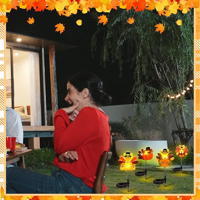 Retisee 4 Pack Thanksgiving Turkey Outdoors Cute Solar Lights Multicolor Patterned Solar Waterproof Lights Outdoor Yard Decorations Pathway Lawn Porch Fall Party Supplies for Home Yard Party Favors
