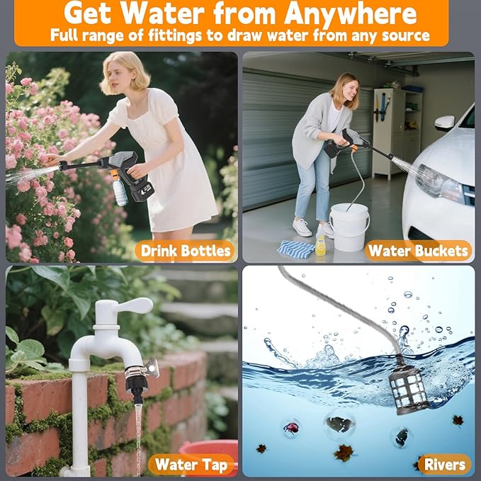 Cordless Pressure Washer, 800 PSI Portable Power Washer with 6-in-1 Nozzle, 2×4.0Ah Battery & 32.8FT Hose, Battery Pressure Washer for Car, Garden & Home Cleaning