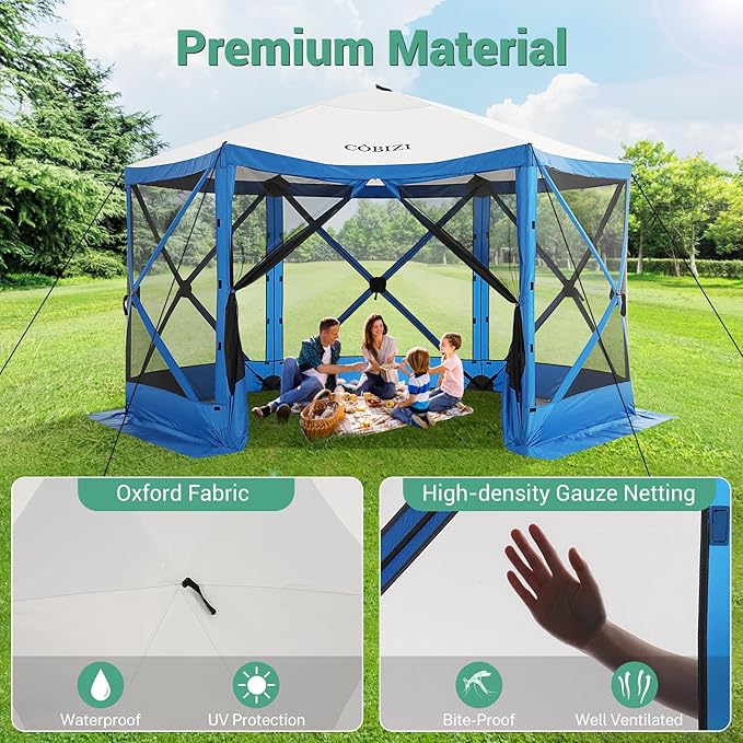 COBIZI 12x12 pop up Gazebo on Clearance Screen Canopy Tent, Camping Outdoor Screened Gazebo with Sidewalls, Portable Hub Tent with Carrying Bag and Ground Stakes, Blue