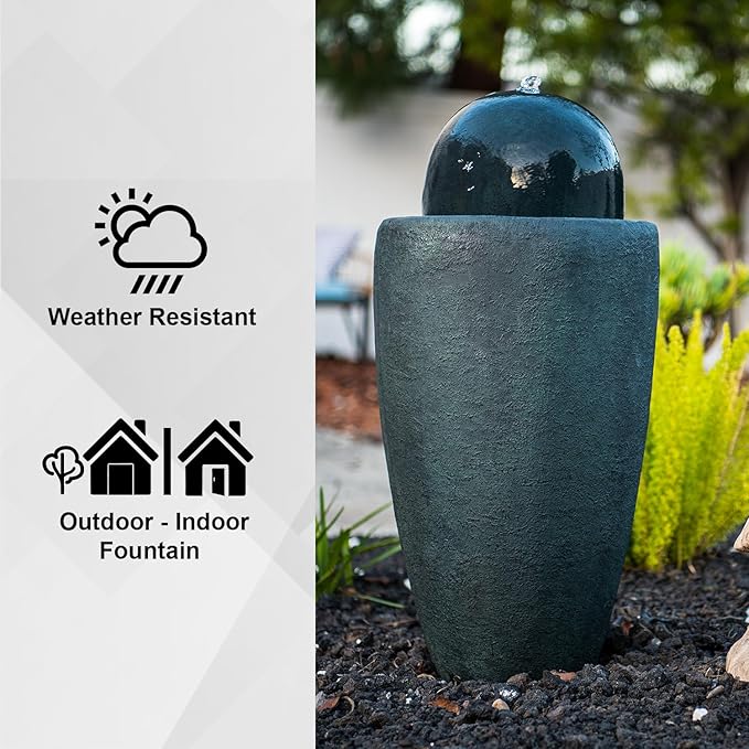 XBrand 25.98" H Round Stone Indoor/Outdoor Modern Stone Textured Sphere Water Fountain w/LED Lights, Ball Fountain Decor, Dark Green