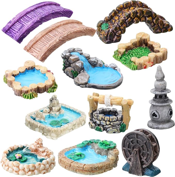 Jetec 12 Pcs Garden Accessories Miniature Bridge Mini Lighthouse Water Well Bridge Figurines Pond Lawn Ornament Figurines for DIY Craft Garden Decor(Classic Style)