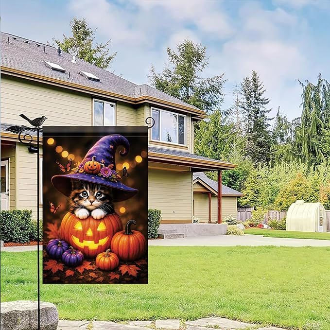 Fall Halloween Garden Flag Kitten Cat Flag 12x18 Inch Double-Sided Cute Pumpkin Witch Hat Yard Banner Autumn Outdoor Decor for Porch Lawn Pathway Cat Lover Holiday Gift