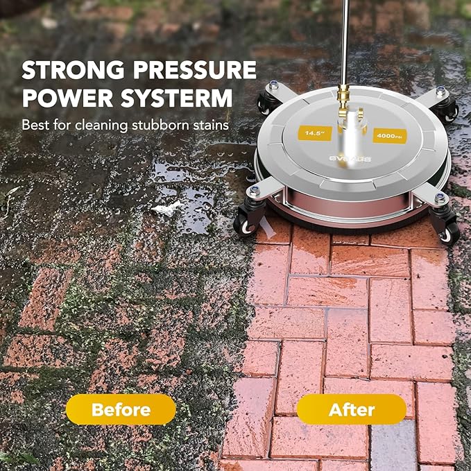 EVEAGE 14.5" Pressure Washer Surface Cleaner E006, Upgraded Stainless Steel Pressure Washer Accessories 4 Weels & 1/4" Quick Connector, 4,000 PSI Power Washer for Driveways Sidewalks Patios Cleaning
